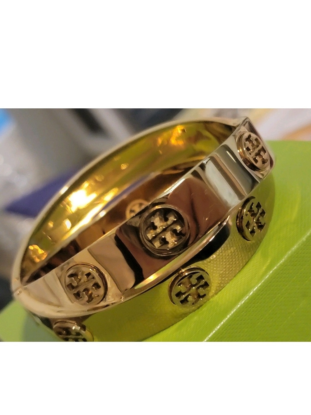 Tory Burch Double Wrap Gold Logo Medallion Hinge Bangle Bracelet